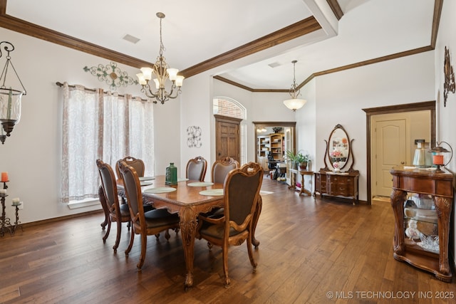 316 E 44th St, Sand Springs, OK 74063 - dining room with dark wood-style flooring, crown molding, and a chandelier