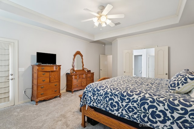 316 E 44th St, Sand Springs, OK 74063 - bedroom featuring ornamental molding, light colored carpet, a raised ceiling, and ceiling fan