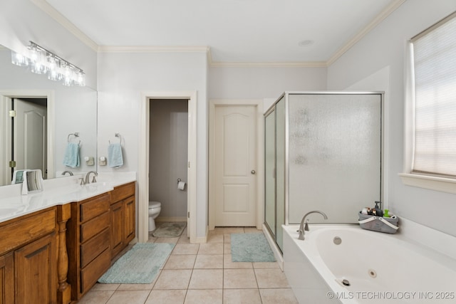 316 E 44th St, Sand Springs, OK 74063 - full bathroom with a shower stall, double vanity, a whirlpool tub, ornamental molding, and tile patterned floors