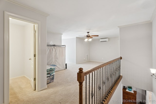 316 E 44th St, Sand Springs, OK 74063 - corridor featuring a wall mounted air conditioner, carpet floors, an upstairs landing, and ornamental molding