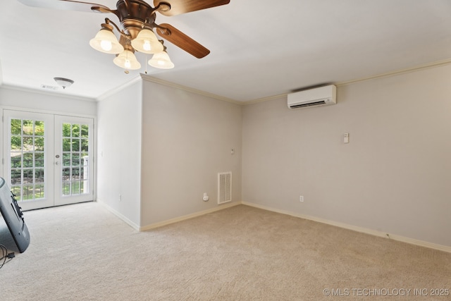 316 E 44th St, Sand Springs, OK 74063 - carpeted spare room featuring a wall mounted air conditioner, french doors, crown molding, and ceiling fan