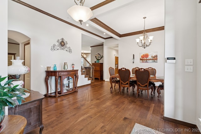316 E 44th St, Sand Springs, OK 74063 - dining room with stairs, ornamental molding, wood finished floors, beam ceiling, and arched walkways