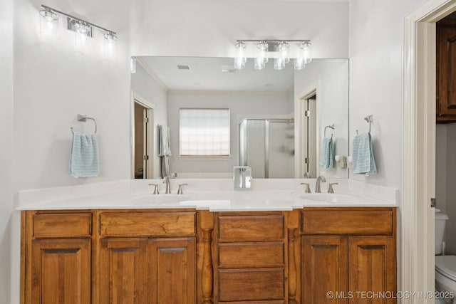 316 E 44th St, Sand Springs, OK 74063 - full bathroom with a stall shower, double vanity, and ornamental molding