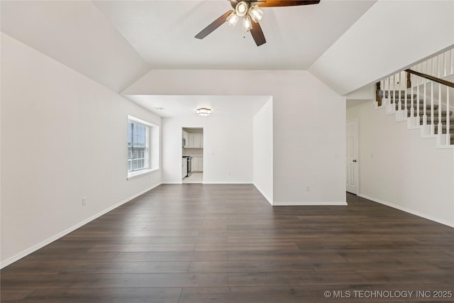 2817 W Oakland St, Broken Arrow, OK 74012 - unfurnished living room with a ceiling fan, dark wood-style floors, vaulted ceiling, stairs, and baseboards