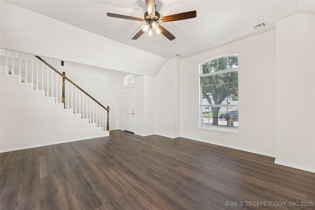 2817 W Oakland St, Broken Arrow, OK 74012 - unfurnished living room with stairs, dark wood-style flooring, lofted ceiling, baseboards, and a ceiling fan