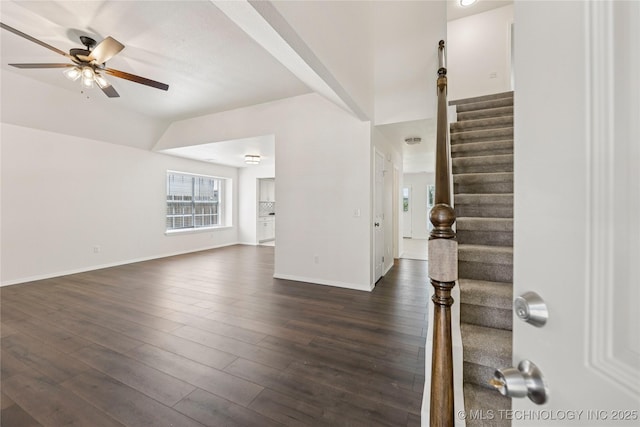 2817 W Oakland St, Broken Arrow, OK 74012 - unfurnished living room featuring a ceiling fan, stairway, dark wood-style floors, and baseboards