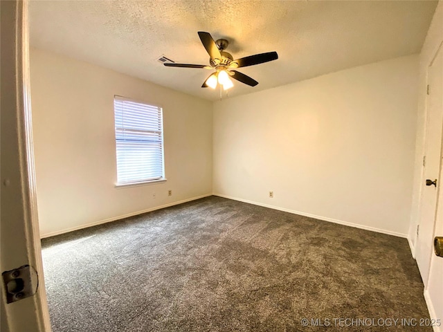 7205 S Date Pl, Broken Arrow, OK 74011 - unfurnished room featuring dark carpet, ceiling fan, a textured ceiling, and baseboards
