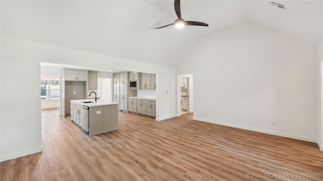 2508 W Birmingham St, Broken Arrow, OK 74011 - kitchen with gray cabinets, built in microwave, ceiling fan, an island with sink, and open floor plan