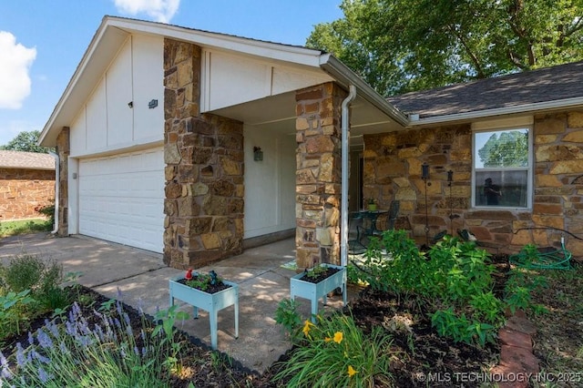 412 W Los Angeles St, Broken Arrow, OK 74011 - view of front of property with stone siding, board and batten siding, concrete driveway, and an attached garage
