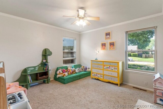 412 W Los Angeles St, Broken Arrow, OK 74011 - carpeted bedroom featuring ornamental molding, baseboards, and ceiling fan