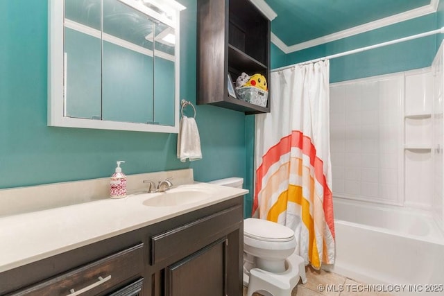 412 W Los Angeles St, Broken Arrow, OK 74011 - bathroom featuring toilet, vanity, shower / tub combo with curtain, crown molding, and tile patterned flooring