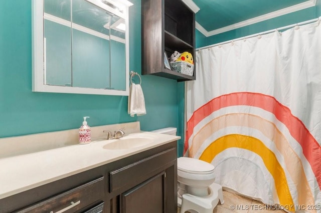 412 W Los Angeles St, Broken Arrow, OK 74011 - bathroom with toilet, vanity, crown molding, and a shower with shower curtain