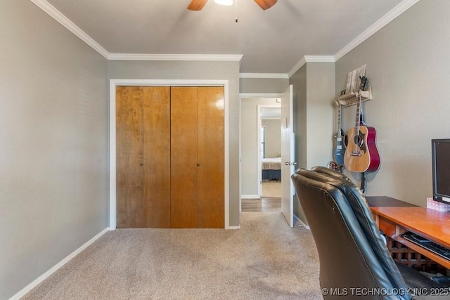 412 W Los Angeles St, Broken Arrow, OK 74011 - office space with ceiling fan, baseboards, crown molding, and carpet floors