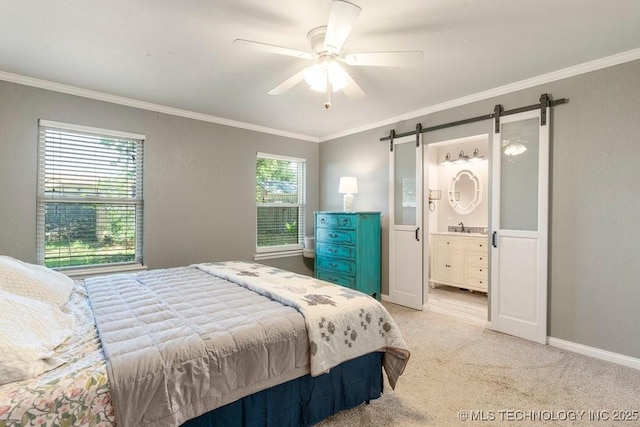 412 W Los Angeles St, Broken Arrow, OK 74011 - bedroom with a barn door, ornamental molding, a sink, light carpet, and baseboards