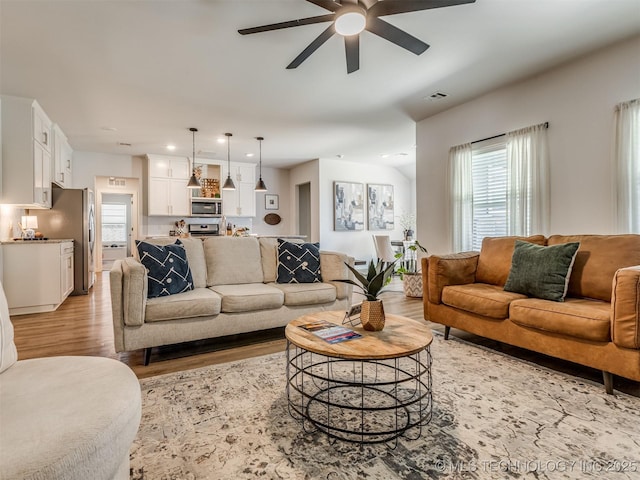 7221 S Indianwood Ave, Broken Arrow, OK 74011 - living area with a ceiling fan, light wood-style floors, and recessed lighting