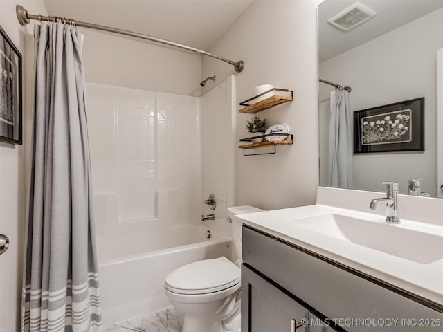 7221 S Indianwood Ave, Broken Arrow, OK 74011 - bathroom with toilet, vanity, shower / bathtub combination with curtain, and marble look tile flooring