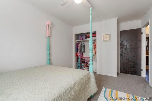 1138 N Gum Ave, Broken Arrow, OK 74012 - bedroom featuring carpet flooring, crown molding, a closet, and ceiling fan