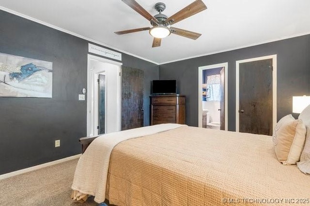 1138 N Gum Ave, Broken Arrow, OK 74012 - carpeted bedroom featuring crown molding, baseboards, a ceiling fan, and ensuite bathroom