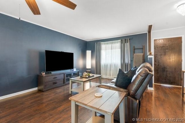 1138 N Gum Ave, Broken Arrow, OK 74012 - living area with wood finished floors, a ceiling fan, ornamental molding, and baseboards