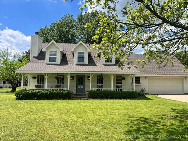 11818 N Harvard Ave, Skiatook, OK 74070 - cape cod home featuring a porch, a shingled roof, a front lawn, and a garage