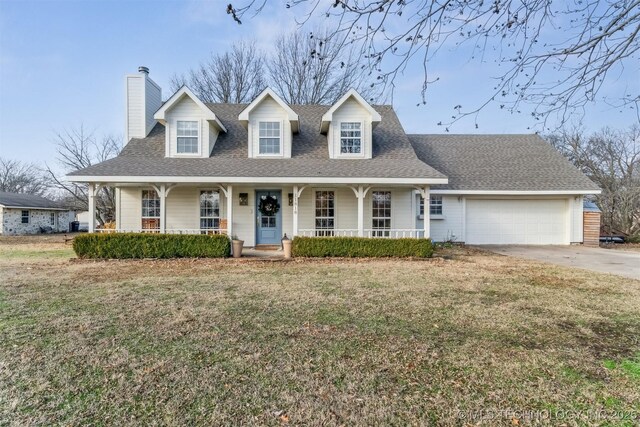 11818 N Harvard Ave, Skiatook, OK 74070 - new england style home with a chimney, covered porch, a garage, a shingled roof, and a front yard