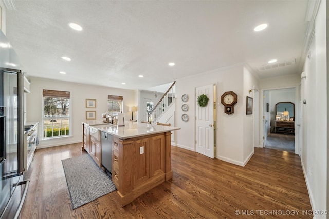 11818 N Harvard Ave, Skiatook, OK 74070 - kitchen featuring dishwasher, brown cabinets, baseboards, dark wood-style floors, and recessed lighting