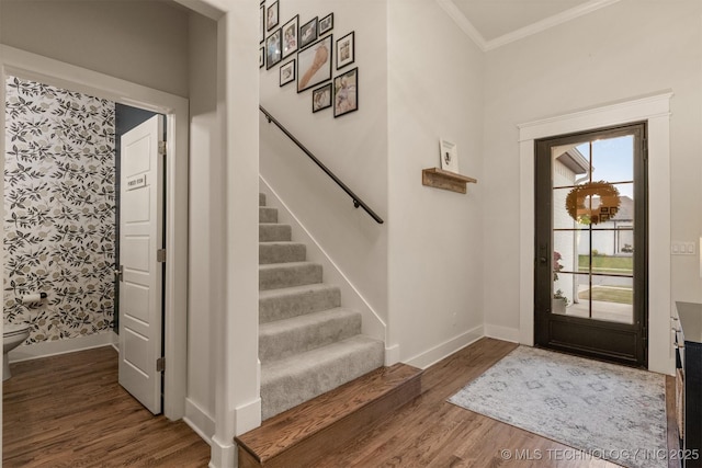 6705 S Palm Ave, Broken Arrow, OK 74011 - foyer featuring wood finished floors, crown molding, baseboards, and stairs
