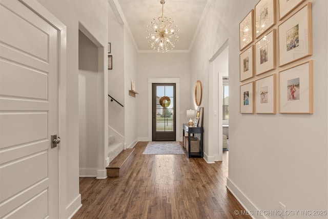 6705 S Palm Ave, Broken Arrow, OK 74011 - entryway with stairs, ornamental molding, a chandelier, and dark wood-style flooring