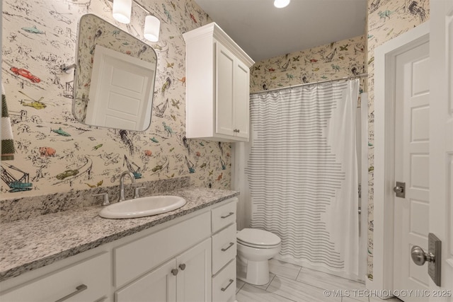 6705 S Palm Ave, Broken Arrow, OK 74011 - bathroom with vanity, wallpapered walls, and curtained shower