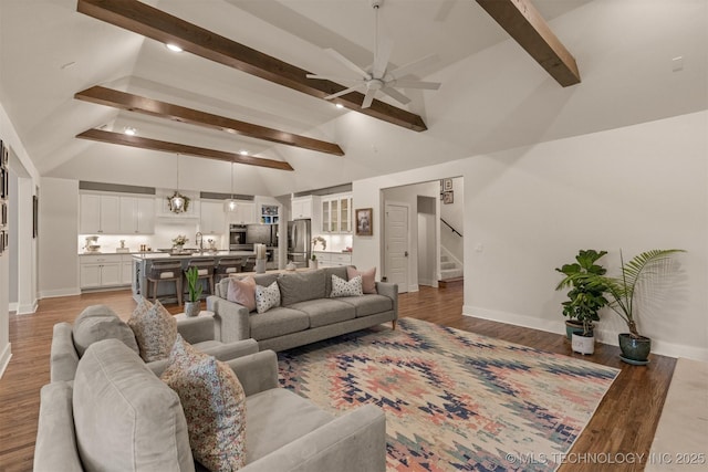 6705 S Palm Ave, Broken Arrow, OK 74011 - living room featuring a ceiling fan, baseboards, light wood finished floors, stairway, and recessed lighting