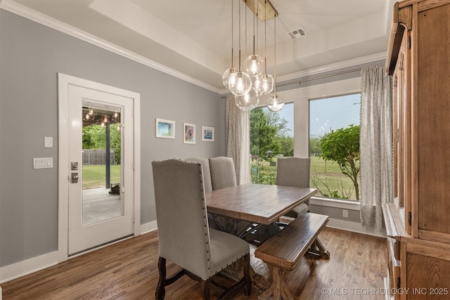 6705 S Palm Ave, Broken Arrow, OK 74011 - dining area featuring a raised ceiling, plenty of natural light, wood finished floors, crown molding, and baseboards