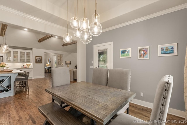 6705 S Palm Ave, Broken Arrow, OK 74011 - dining area with crown molding, dark wood-style floors, a chandelier, and baseboards