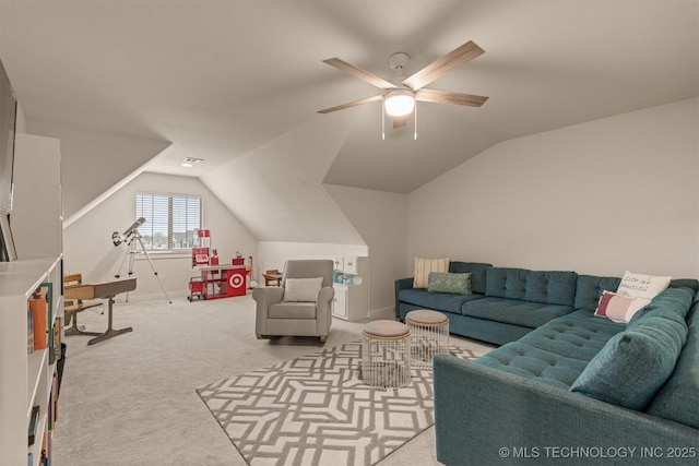 6705 S Palm Ave, Broken Arrow, OK 74011 - living area featuring lofted ceiling, a ceiling fan, and light carpet