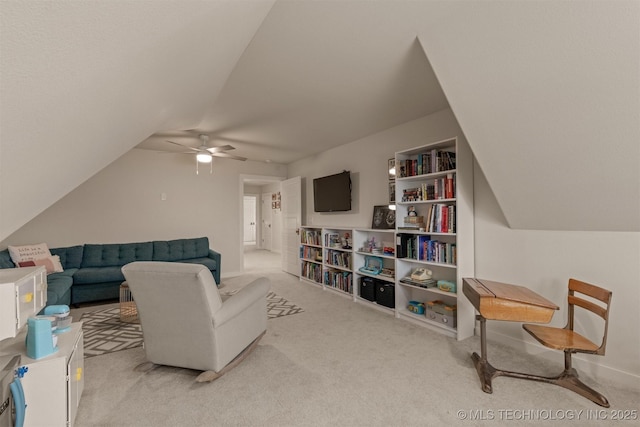 6705 S Palm Ave, Broken Arrow, OK 74011 - living room featuring carpet, a ceiling fan, and lofted ceiling