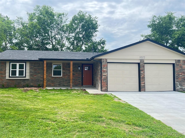 11522 E 64th St, Broken Arrow, OK 74012 - ranch-style home featuring a garage, concrete driveway, a front lawn, and brick siding