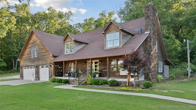 20119 E Willis Rd, Tahlequah, OK 74464 - view of front of house with a porch, an attached garage, a chimney, a front lawn, and concrete driveway