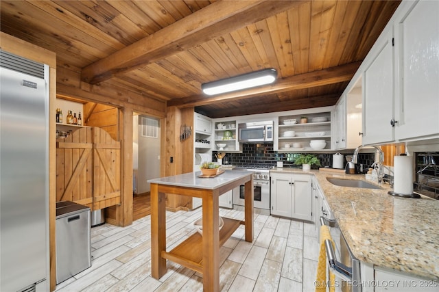 20119 E Willis Rd, Tahlequah, OK 74464 - kitchen with a sink, open shelves, high quality appliances, wooden ceiling with exposed beams, and tasteful backsplash
