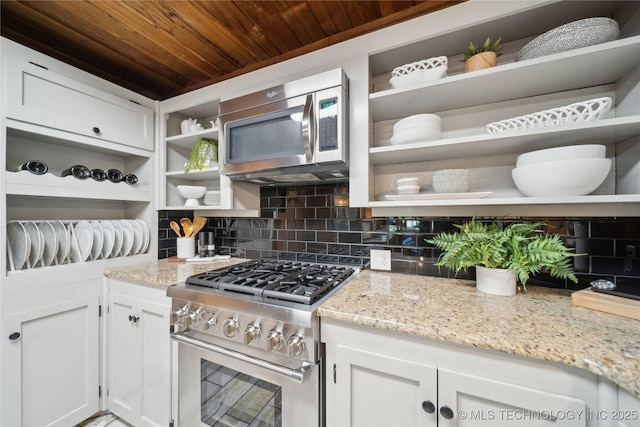 20119 E Willis Rd, Tahlequah, OK 74464 - kitchen featuring open shelves, stainless steel appliances, wood ceiling, tasteful backsplash, and white cabinets