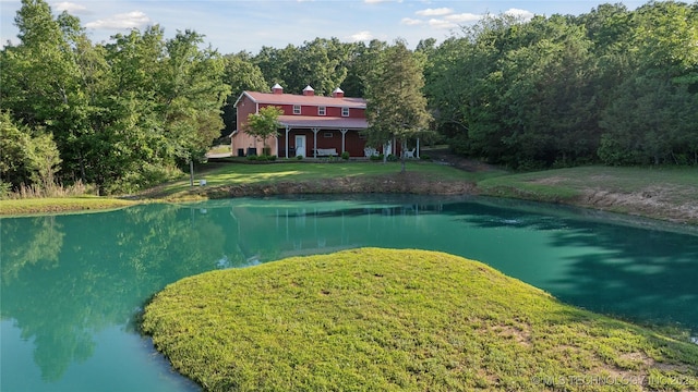 20119 E Willis Rd, Tahlequah, OK 74464 - view of pool featuring a water view, a wooded view, and a lawn