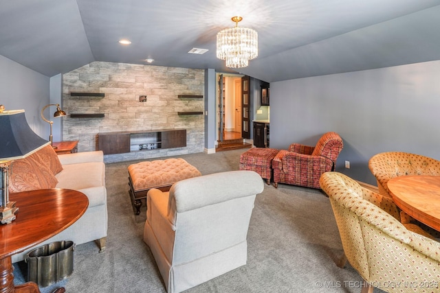 1412 E 37th St, Tulsa, OK 74105 - carpeted living area with vaulted ceiling, a chandelier, and a multi sided fireplace