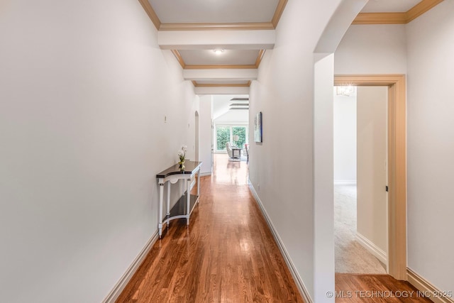 1412 E 37th St, Tulsa, OK 74105 - hall with crown molding, wood finished floors, arched walkways, and baseboards