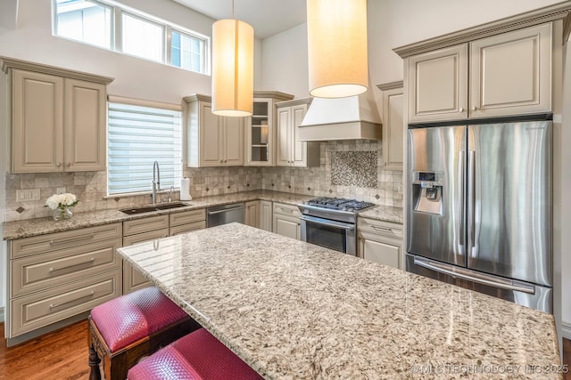 1412 E 37th St, Tulsa, OK 74105 - kitchen featuring a sink, stainless steel appliances, premium range hood, tasteful backsplash, and light stone counters