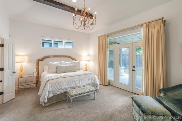 1412 E 37th St, Tulsa, OK 74105 - carpeted bedroom featuring access to exterior, french doors, a chandelier, and beamed ceiling