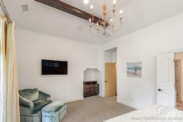 1412 E 37th St, Tulsa, OK 74105 - bedroom featuring a chandelier, light carpet, baseboards, and a high ceiling