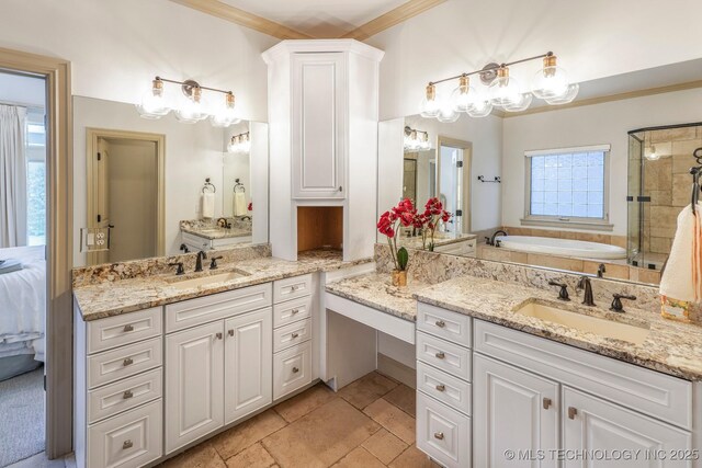 1412 E 37th St, Tulsa, OK 74105 - ensuite bathroom featuring crown molding, a garden tub, two vanities, and a stall shower