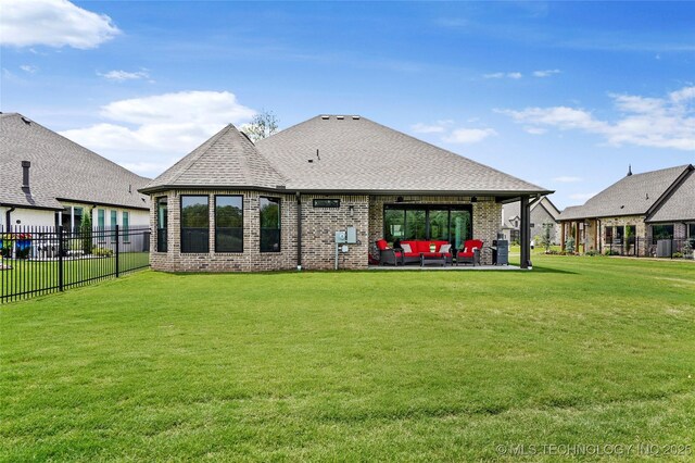 3406 W Quantico Pl, Broken Arrow, OK 74011 - rear view of house featuring brick siding, an outdoor living space, a patio area, and a shingled roof