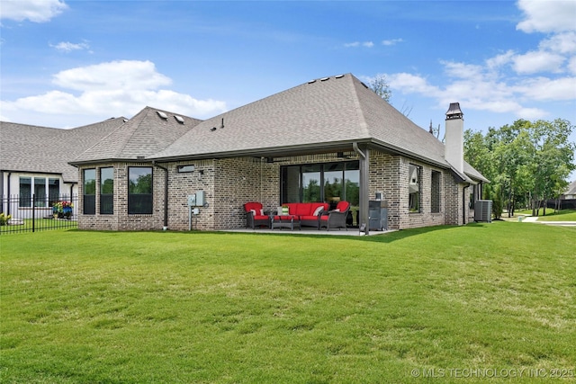 3406 W Quantico Pl, Broken Arrow, OK 74011 - rear view of house featuring an outdoor living space, brick siding, central AC, a chimney, and a patio