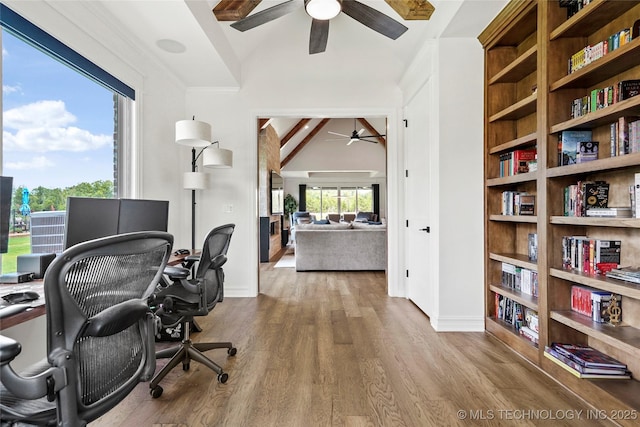 3406 W Quantico Pl, Broken Arrow, OK 74011 - office area with a ceiling fan, wood finished floors, baseboards, and lofted ceiling