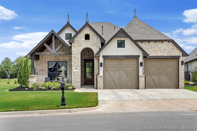 3406 W Quantico Pl, Broken Arrow, OK 74011 - view of front facade with stone siding, a front yard, a garage, driveway, and stucco siding