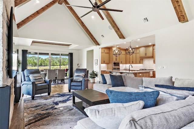 3406 W Quantico Pl, Broken Arrow, OK 74011 - living area featuring high vaulted ceiling, recessed lighting, beam ceiling, a ceiling fan, and light wood finished floors